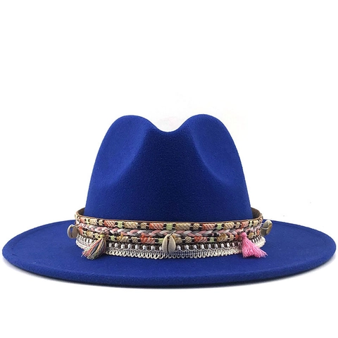 Bohemian Woolen Fedora Hat Wide Brim Ethnic Style With Tassels Shells Decorative Band Jazz Cap