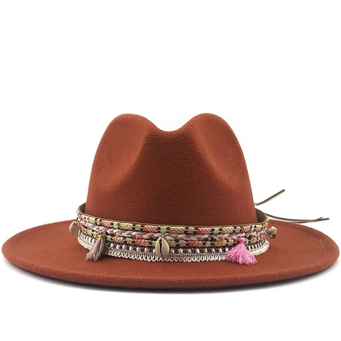 Bohemian Woolen Fedora Hat Wide Brim Ethnic Style With Tassels Shells Decorative Band Jazz Cap
