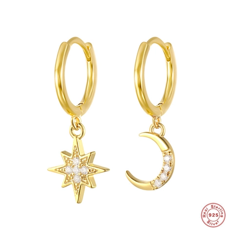 925 Sterlingsilber Stern Mond Asymmetrische Creolen Für Damen Minimalistische Strass Geometrische Gold Silber Modeschmuck