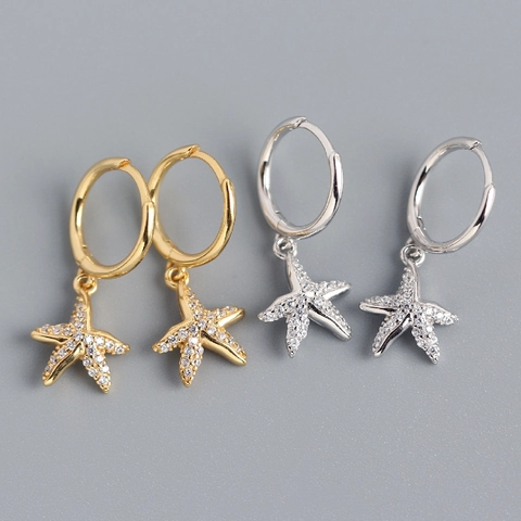 Seestern Anhänger Creolen 925 Sterling Silber Klarer Zirkonia Europäischer Insel Stil Zarter Luxus Damen