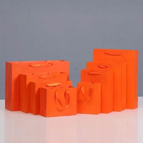 Orange Paper Gift Bags With Ribbon Handles White Cardboard Shopping Packaging Handheld For Birthday Party Wedding Retail