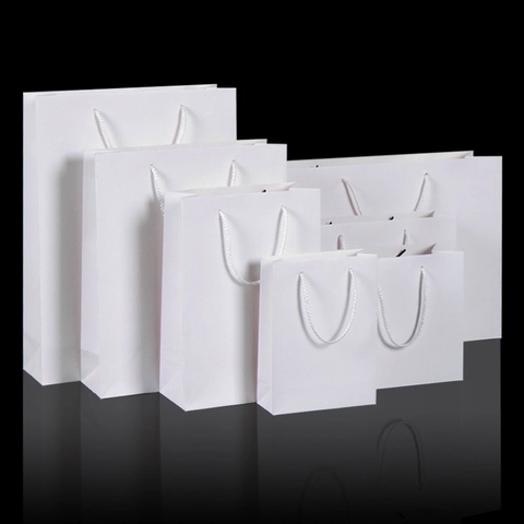White Paper Gift Bag Thickened Cardstock Handheld Shopping Packaging For Parties Events Solid Color Plain Elegant
