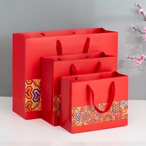 Gift Paper Bag Chinese Style Traditional Patterns Red Handheld Handled For Wedding Festival Party Celebration