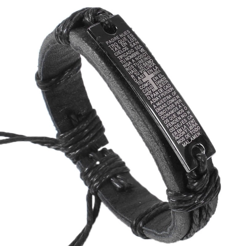 Bracciale In Pelle Intrecciata A Mano Padre Nostro Spagnolo Inciso Croce Piastra Metallica Gioielli Religiosi Vintage