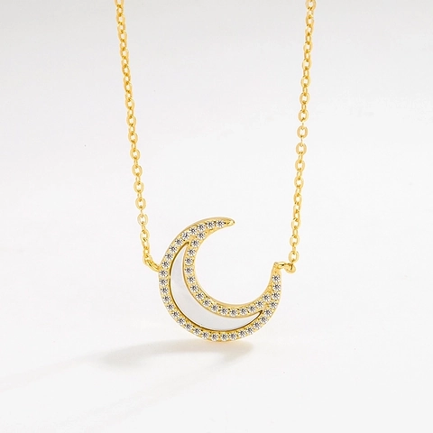 Collar de Pendiente de Luna de Plata de Ley 925 para Mujer Romántica Madreperla Incrustada Diamante de Imitación Joyería