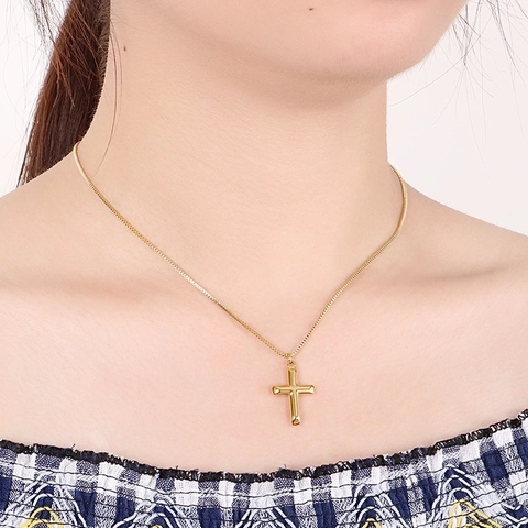 Collar Con Colgante De Cruz Minimalista Acero Inoxidable Pulido Cadena De Caja Joyería Ajustable Para Mujer Hombre