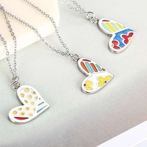 Herz Anhänger Halskette Bunter Emaille Edelstahl Kette Schmetterling Blumenmuster Mode Schmuck Für Damen