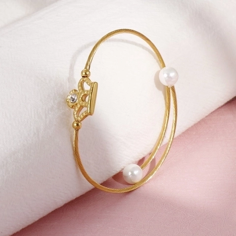 Elegant Stainless Steel Crown Bangle For Women With Artificial Pearls Rhinestones Twisted Wire Open Bracelet Jewelry Gift