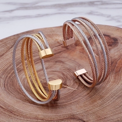 Multi Layered Twisted Cable Cuff Bracelet Stainless Steel Two-Tone Open Bangle Minimalist Fashion Jewelry For Women