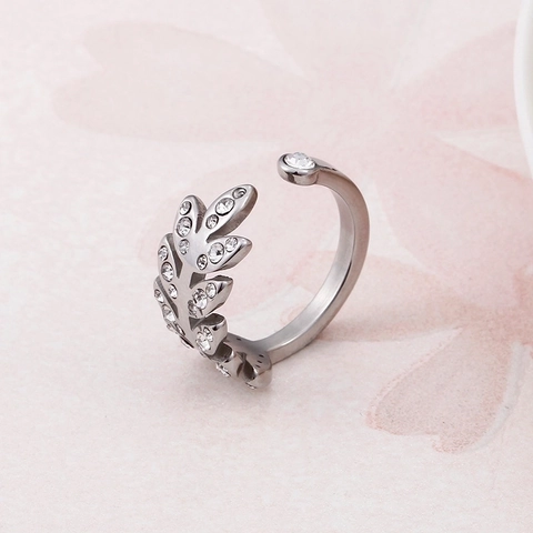 Anello Aperto Regolabile in Acciaio Inossidabile a Foglia Minimalista Donna Dolce Geometrico con Intarsio in Zirconia Gioielli