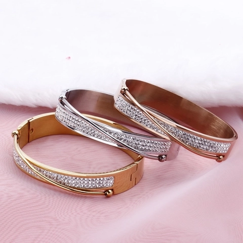 Bracciale Rigido In Acciaio Inossidabile Per Donna Con Strass Motivo Chiave Greca Design Incrociato Gioielli Eleganti