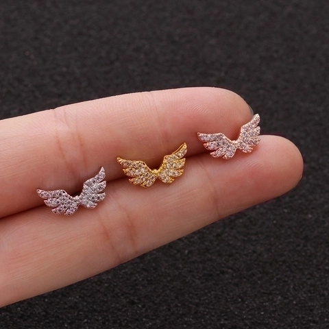 Angel Wing Stud Earrings Cubic Zirconia Copper Jewelry With Stainless Steel Earring Post Screw Back Helix Cartilage Piercing