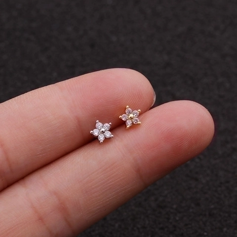 Flower Zircon Stud Earrings With Stainless Steel Earring Post Screw Ball Back Cartilage Piercing Jewelry