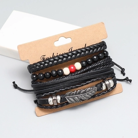 Pulsera Multicapa Retro Cuero Trenzado Cuerda De Cáñamo Cuentas De Madera Colgante Pluma Metal Ajustable Punk Bohemia