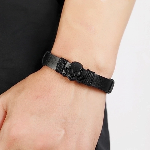 Bracciale In Pelle Con Teschio Punk Regolabile Corda Intrecciata Gioielli Gotici Da Uomo Nero