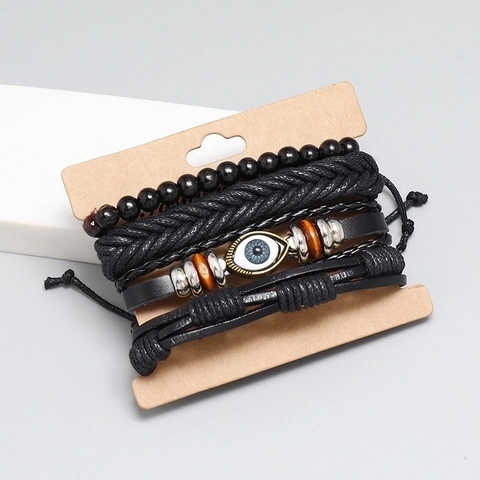 Bracciali In Pelle Intrecciata Retro Ciondolo Occhio Di Malocchio Perline Di Legno Corda Intrecciata Gioielli Punk Regolabili Per Uomini Donne