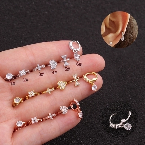 Cartilage Piercing Hoop Stud Earrings Copper Cubic Zirconia Flower Heart Tiny Ear Jewelry For Women