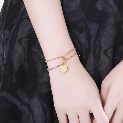 Double Layer Stainless Steel Bracelet With MOM Heart Pendant Fashion Jewelry Gift For Women Mother Elegant Accessory