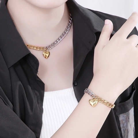 Gioielli In Acciaio Inossidabile Con Ciondolo A Cuore Chiusura OT Catena Cubana Bicolore Collana E Bracciale Per Donna