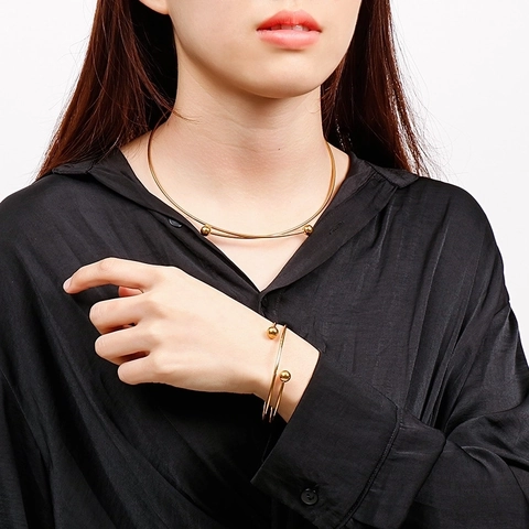 Minimalist Stainless Steel Necklace And Bracelet Round Bead Wire Open Cuff Jewelry For Women Simple Modern Style