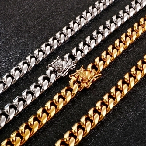 Collar De Cadena De Eslabones Cubanos Para Hombre Acero Inoxidable Hip Hop Streetwear Joyería Pulida Con Cierre Cabeza De León