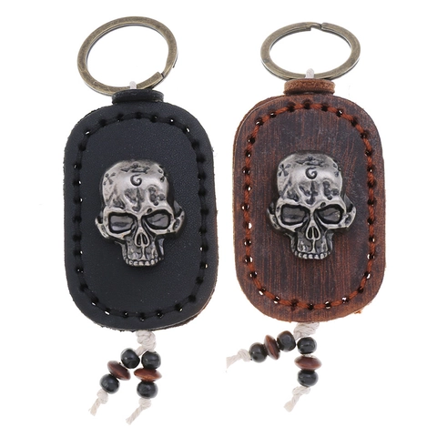 Handgefertigter Vintage Rindsleder Totenkopf Schlüsselanhänger Punk Echtleder Taschenanhänger Mit Holzperlen Retro Damen Herren Schlüsselanhänger Geschenk
