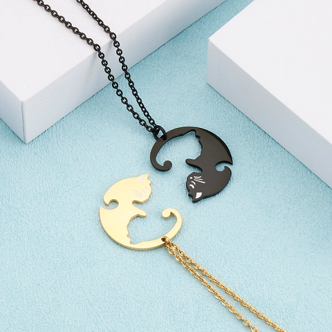 Collares De Pareja De Gato De Rompecabezas De Acero Inoxidable Colgante De Corazón Yin Yang A Juego Para Joyería De Amistad