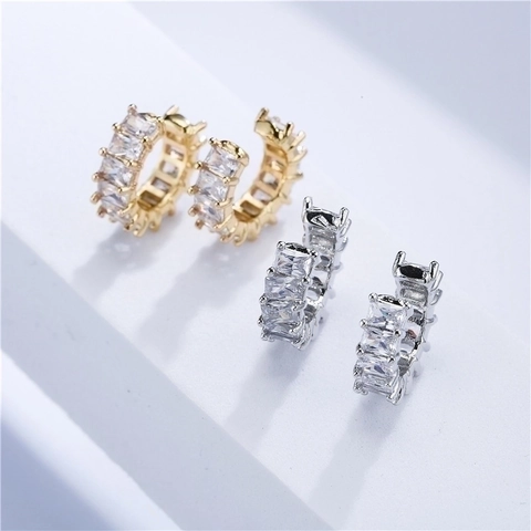 Huggie Hoop Earrings Copper 18K Gold Plated Baguette Cut Cubic Zirconia C Shape Minimalist Luxury Jewelry For Women