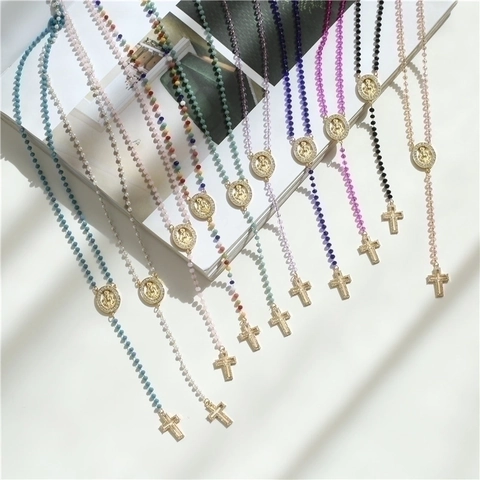 Collana Rosario Croce Vergine Maria Acciaio Inossidabile Placcato Oro 18K Perline Colorate Gioielli Catena A Y Per Donna