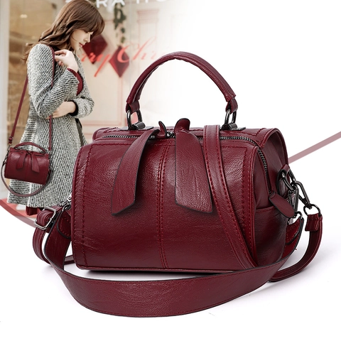 Women Retro PU Leather Boston Shoulder Bag Bowknot Decoration Crossbody Handbag Top Handle Versatile Elegant