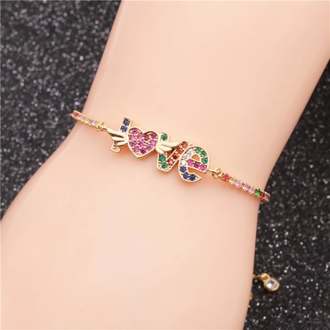 Verstellbares Armband Liebe Herz Flügel Kupfer Bunte Zirkonia Mikro Set Gewebtes Seil Schmuck Für Damen