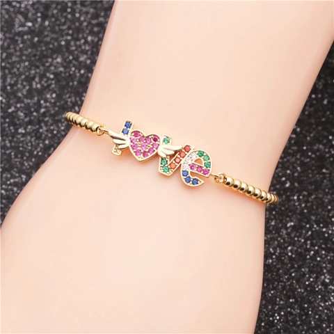 LOVE Letter Heart Adjustable Bracelet Copper Multicolor Micro Pave Cubic Zirconia Rainbow Jewelry Gift For Women
