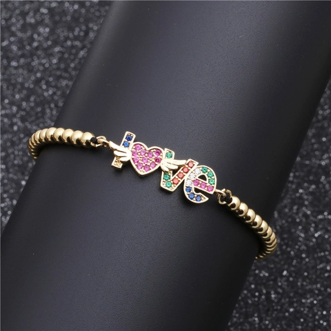 LOVE Letter Heart Adjustable Bracelet Copper Multicolor Micro Pave Cubic Zirconia Rainbow Jewelry Gift For Women