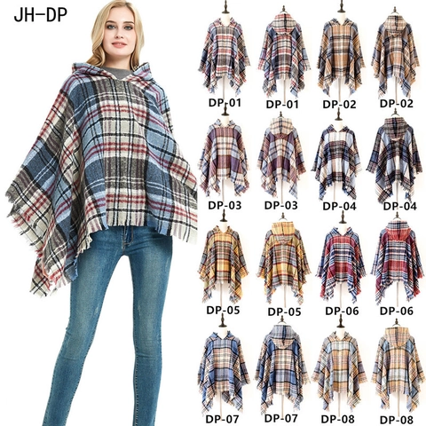 Dames Poncho Met Capuchon Geruit Sjaal Met Franjes Polyester Warm Retro Kaap Wrap Streetwear Winter Herfst Elegant