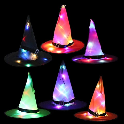 LED Glowing Halloween Witch Hat Wizard Cosplay Costume Accessories Polyester Taffeta Party Decor Hanging Ornament