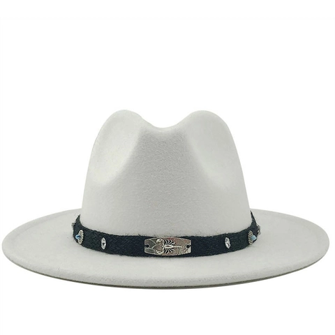 Fedora Hat Wool Felt Wide Brim Ethnic Western Cowboy Style With Scorpion Metal Buckle Turquoise Beaded Woven Band Unisex