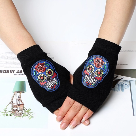 Guantes Sin Dedos De Punto Bordado Calavera Rosa Gótico Punk Mitones De Medio Dedo Accesorios De Disfraz