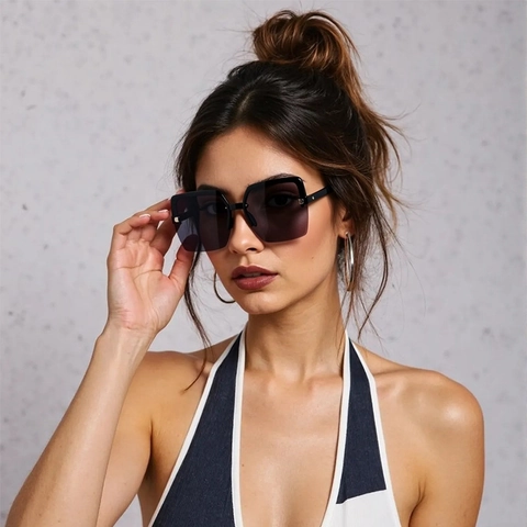 Women Oversized Square Sunglasses UV400 Protection PC Gradient Lens Half Frame Fashion Outdoor Eyewear For Travel