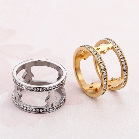 Hollow Boy Girl Silhouette Ring Stainless Steel 18K Gold Plated Layered Cubic Zirconia Wide Band For Women Men