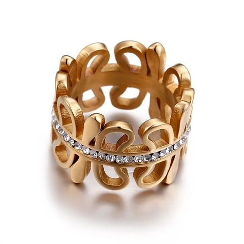 Hollow Wave Band Ring Stainless Steel With Zircon Inlay Fashion Geometric Statement Jewelry For Women