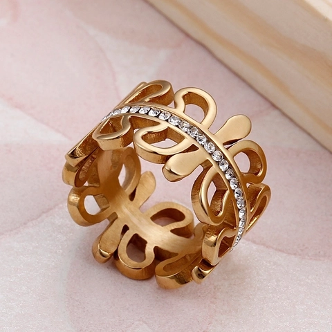 Hollow Wave Band Ring Stainless Steel With Zircon Inlay Fashion Geometric Statement Jewelry For Women