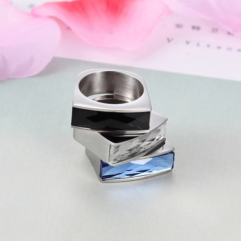 Rechteck Kristall Edelstahl Ring Gebürsteter Titanstahl Geometrisches Band Moderner Unisex Schmuck Für Herren Damen