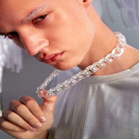 Chunky Chain Necklace Acrylic Iridescent AB Color Matte Blue Punk Statement Choker For Women Men Adjustable Neck Jewelry