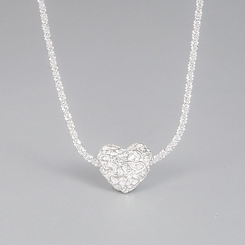 Collana con Pendente a Cuore in Argento Sterling 925 per Donna Texture Gualcita Stile Coreano Catena Irregolare per Clavicola