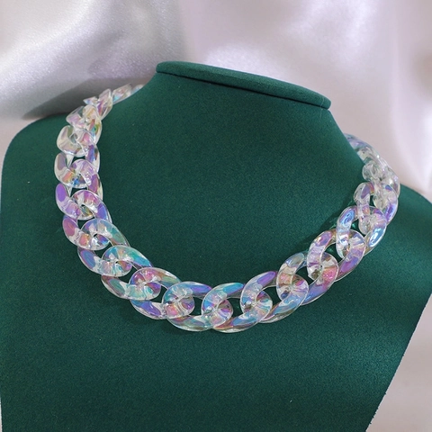 Chunky Chain Necklace Acrylic Iridescent AB Color Matte Blue Punk Statement Choker For Women Men Adjustable Neck Jewelry
