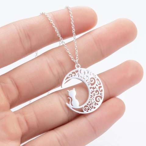 Collier Pendentif Lune Et Chat En Acier Inoxydable Pour Femmes Filles Bijoux Animaliers Minimalistes