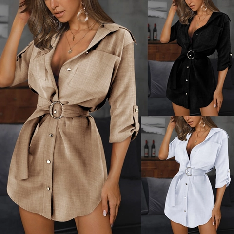Women Shirt Dress Cotton Linen Texture V Neck Roll Up Long Sleeve Solid Color Button Down Midi Dress With Waist Belt