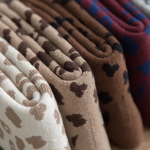 Women Leopard Print Cotton Socks Thick Warm Knitted Mid Calf Crew Hosiery Retro Casual Autumn Winter Style Breathable Soft