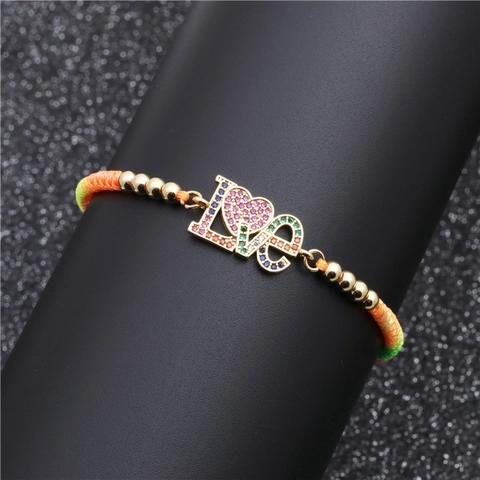 Pulsera Letra Corazón LOVE Cobre Micro Pavé Circonita Colorida Ajustable Cuerda Arcoíris Cadena Joyería Regalo Para Mujeres