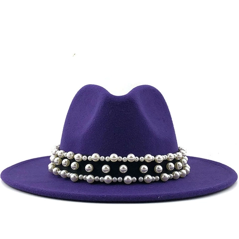 Elegant Cashmere Woolen Fedora Hat For Women Wide Brim Jazz Hat With Pearl Band Decoration Formal Party Wedding Hat